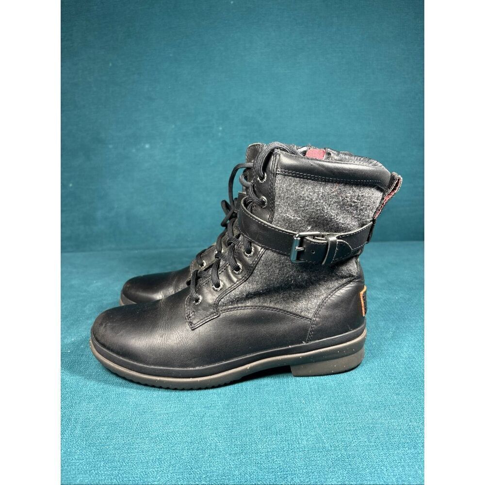 UGG Lace Up Boots Black Leather Wool Women’s Size 6.5 Strap Buckle Ankle Boot